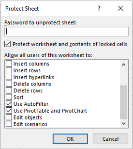 Protect Sheet dialog box in Excel to lock slicer position but enable filtering.