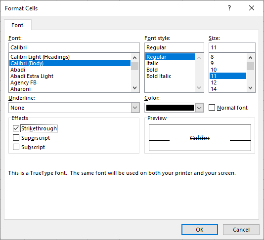 Format Cells dialog box in Excel with Strikethrough selected.