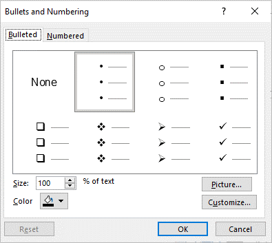Bullets and Numbering dialog box in PowerPoint to insert check marks.