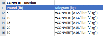 Converting lbs to kg (pounds to kilograms) using the CONVERT function.