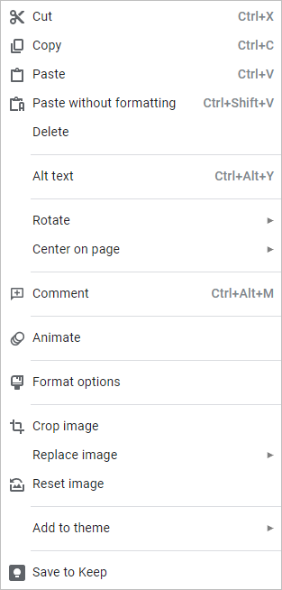 Crop command in context menu in Google Slides.