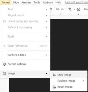 Crop image in Format menu in Google Slides.