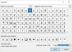 Insert symbol dialog box in PowerPoint to insert Greek letters.