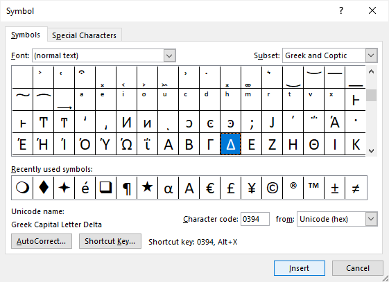 Insert Symbol dialog box in Word with Delta symbol selected.