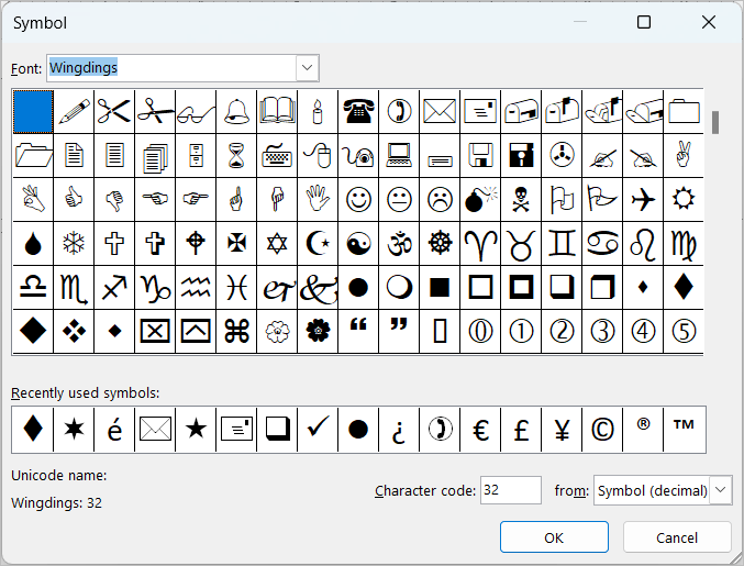 Symbol dialog box that appears when you click Customize in the Bullets and Numbering dialog box.