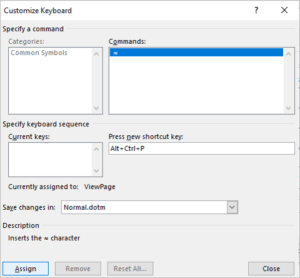 Assign keyboard shortcuts dialog box in Word to insert approximately equal to or almost equal to sign.