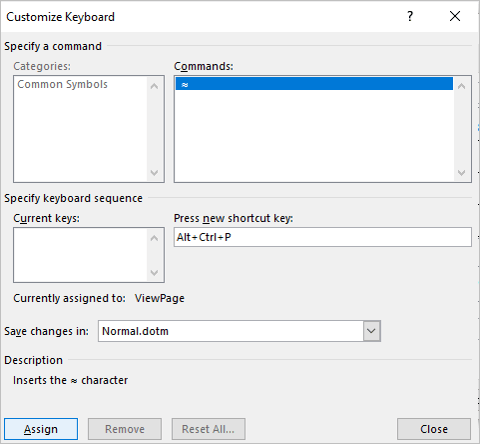 Assign keyboard shortcut dialog box in Word to insert approximately equal to or almost equal to sign.