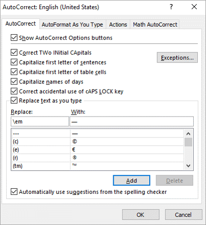 AutoCorrect dialog box in PowerPoint with em dash entry.