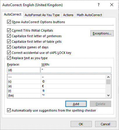 Autocorrect dialog box in PowerPoint to add degree symbol entry.