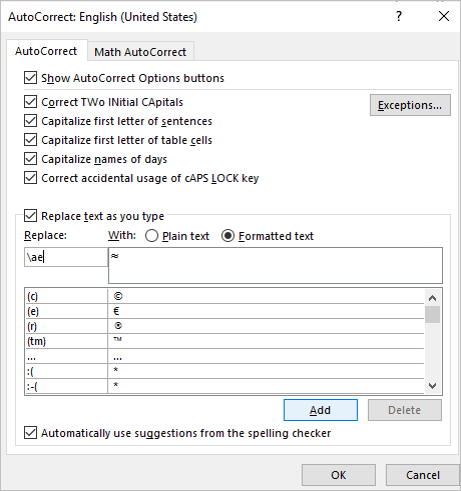 AutoCorrect dialog box in Word to insert approximately equal to or almost equal to sign.