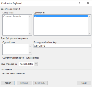 Customize keyboard dialog box in Word to add shortcut for square root.