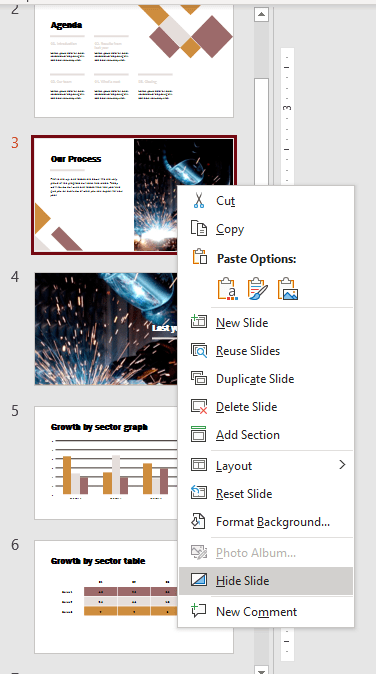 Context menu with Hide Slide in Normal View in PowerPoint.
