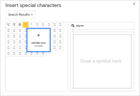 Insert degree symbol in Google Docs using Special Characters dialog box.