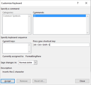Customize keyboard dialog box in Word to insert Sigma.