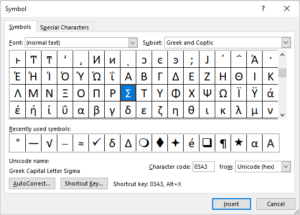 Insert Symbol dialog box in Word with Sigma selected.