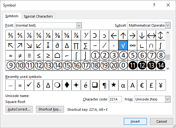 Insert symbol dialog box in Word with square root selected.
