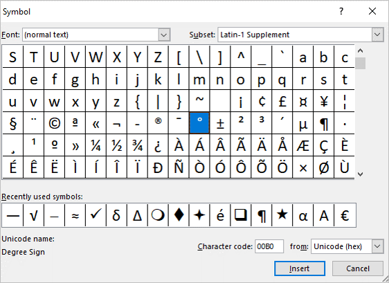 Insert Symbol dialog box in PowerPoint with degree symbol selected.