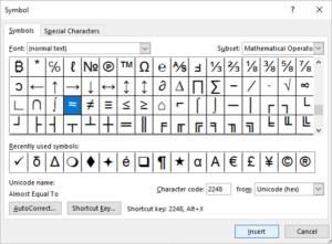 Insert Symbol dialog box in Word to insert approximately equal to or almost equal to sign.
