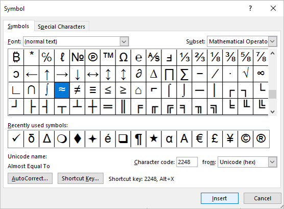 Insert Symbol dialog box in Word to insert approximately equal to or almost equal to sign in Word.