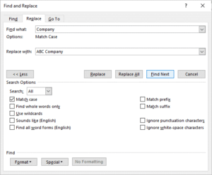 Replace dialog box in Word to find and replace using exanded options.