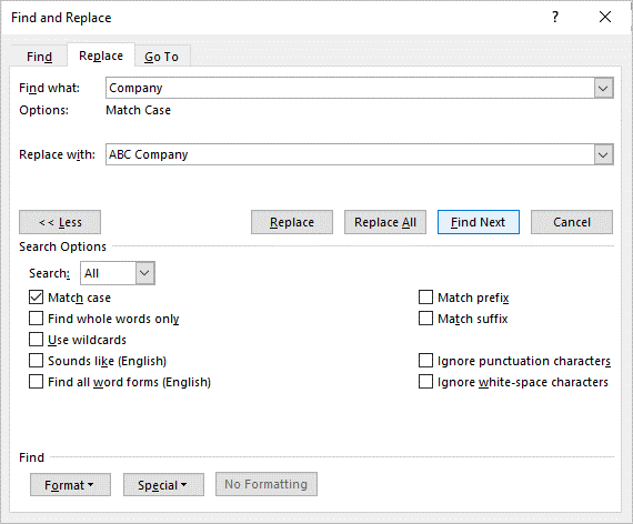 Replace dialog box in Word to find and replace using exanded options.