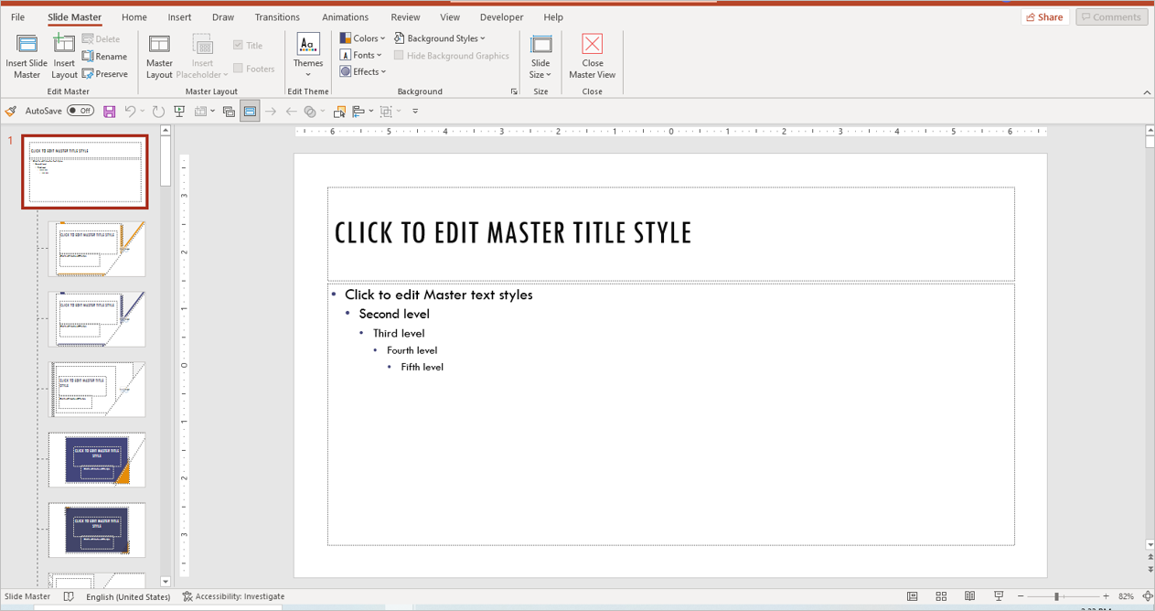 Slide Master and associated layouts in Slide Master View in PowerPoint.