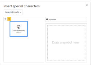 Copyright symbol in Insert Special Characters dialog box in Google Docs.