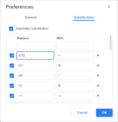 Using the Substitutions dialog box in Google Docs to add a keyboard shortcut for a check mark.