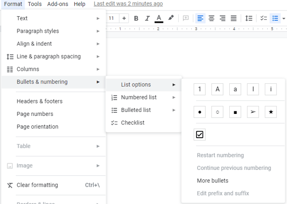 Bullets and numbering command in Google Docs to add more bullets such as check marks.