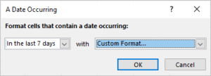 Date Occurring built-in dialog box in Excel to highlight cells containing dates before today using conditional formatting.