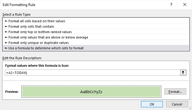 Edit formatting rule dialog box in Excel to format dates before today using a formula.