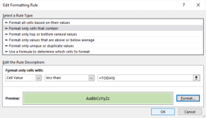 Edit formatting rule dialog box to highlight cells containing a date before today.