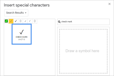 Insert special characters dialog in Google Docs to add a check mark or tick mark.