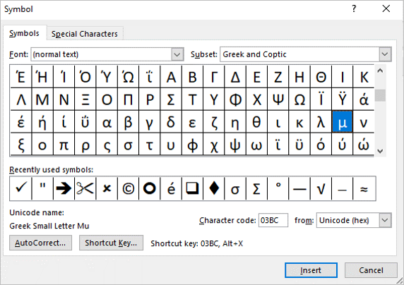 Insert Symbol dialog box in Word in the insert the Mu or Micro symbol in a document.