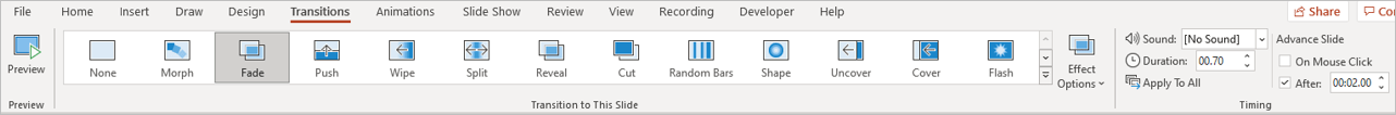 Transitions tab in the Ribbon in PowerPoint to apply transitions and timings.
