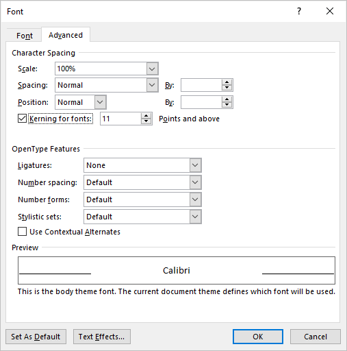 Font dialog box in Microsoft Word with kerning turned on.
