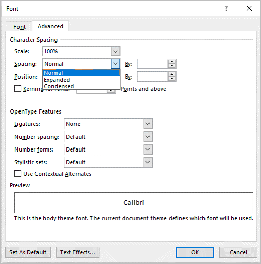 Font dialog box with standard, expanded and condensed spacing.