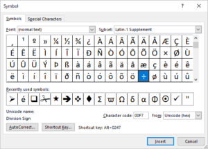 Insert the division symbol in Word using the Insert Symbol dialog box.