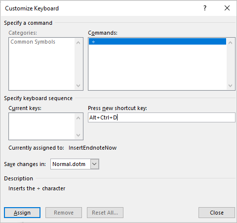 Adding a keyboard shortcut to insert the division symbol in Word using the Customize Keyboard dialog box.