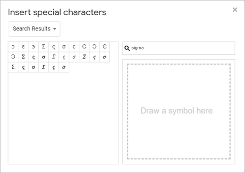 Insert special characters dialog box in Google Docs with search Sigma as the greek symbol.