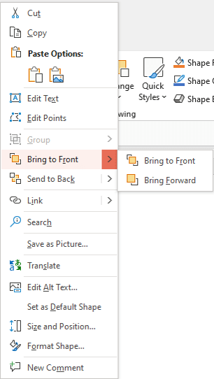 Context menu in PowerPoint with bring to front and send to back.