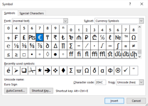 Insert symbol dialog box in Word with euro sign selected.