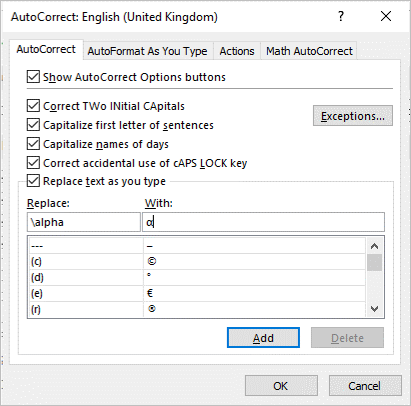 AutoCorrect dialog box in Excel to add Greek letters as an entry.