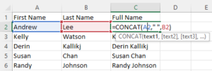 Combine cells example in Excel usign the CONCAT function.
