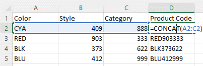 Combine cells in Excel example with the CONCAT function and a range of cells.