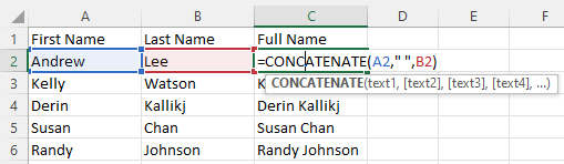Combine cells example in Excel using the CONCATENATE function.