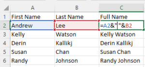 Combine cells example in Excel using the Concatenate operator.