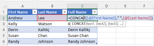Combine cells in an Excel table example using the CONCAT function.