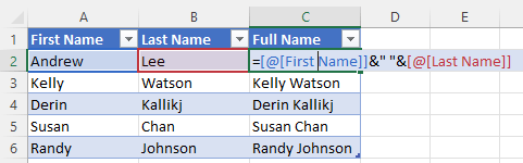 Combine cells example in an Excel table using the CONCATENATE operator.