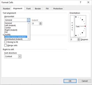 Format cells dialog box in Excel with merge cells option for Center Across Selection.